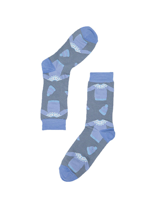 grey socks with a pattern of xmas jumpers and knitted hats