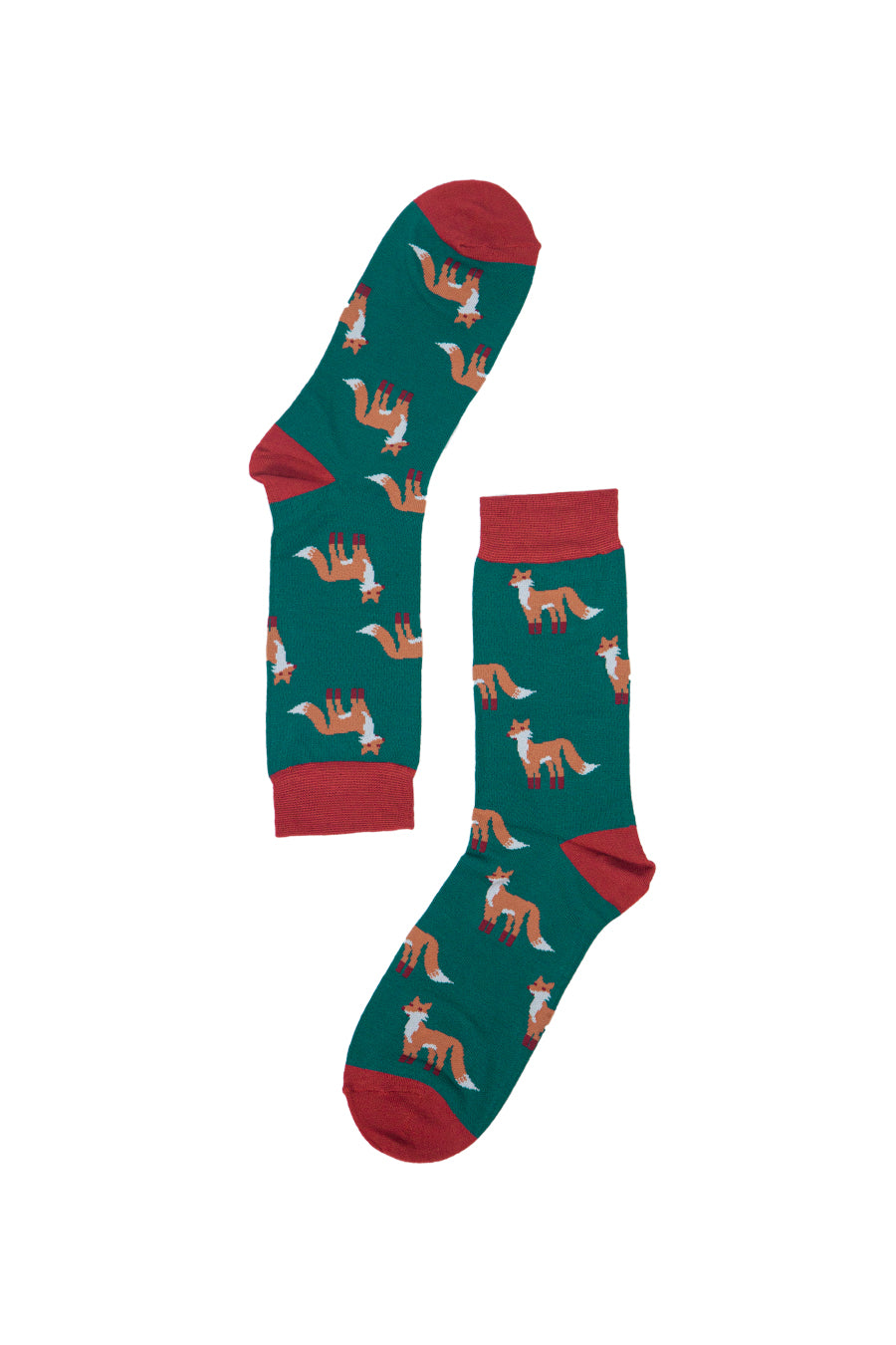 green and red fox socks, the foxes are wearing red socks