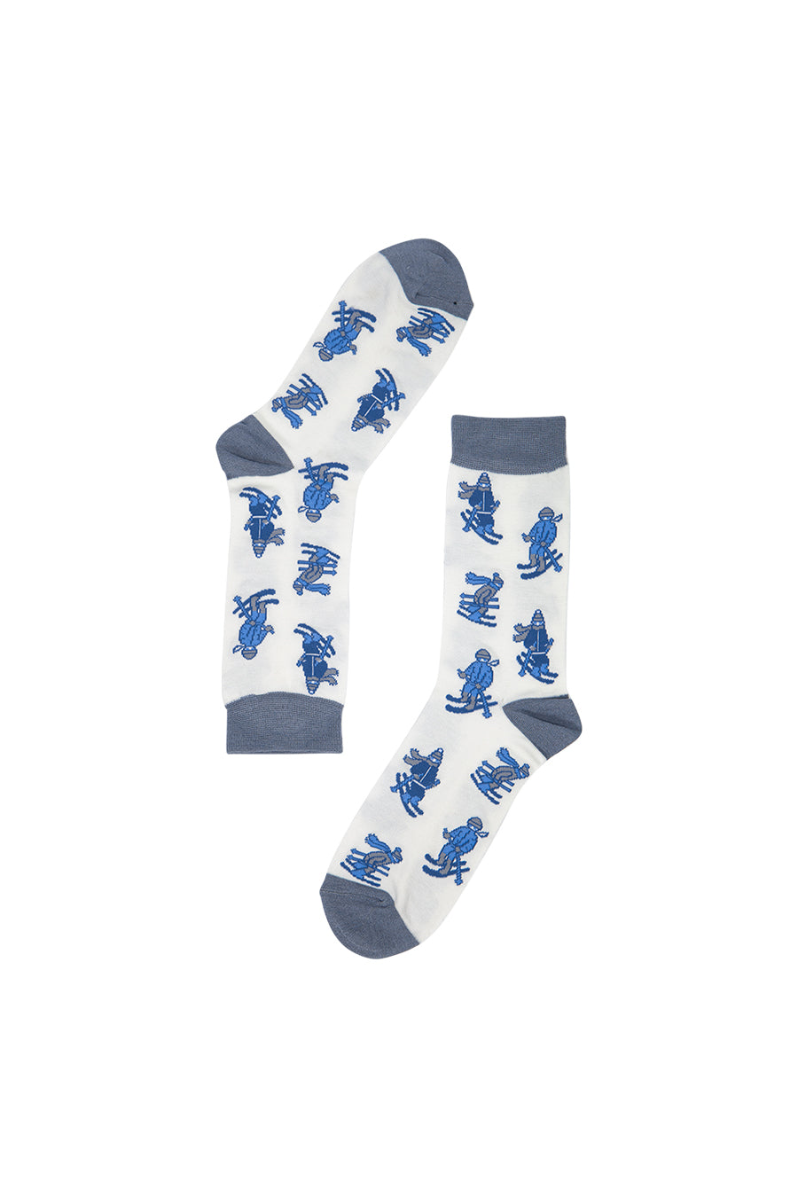 white bamboo socks with blue cartoon skiers