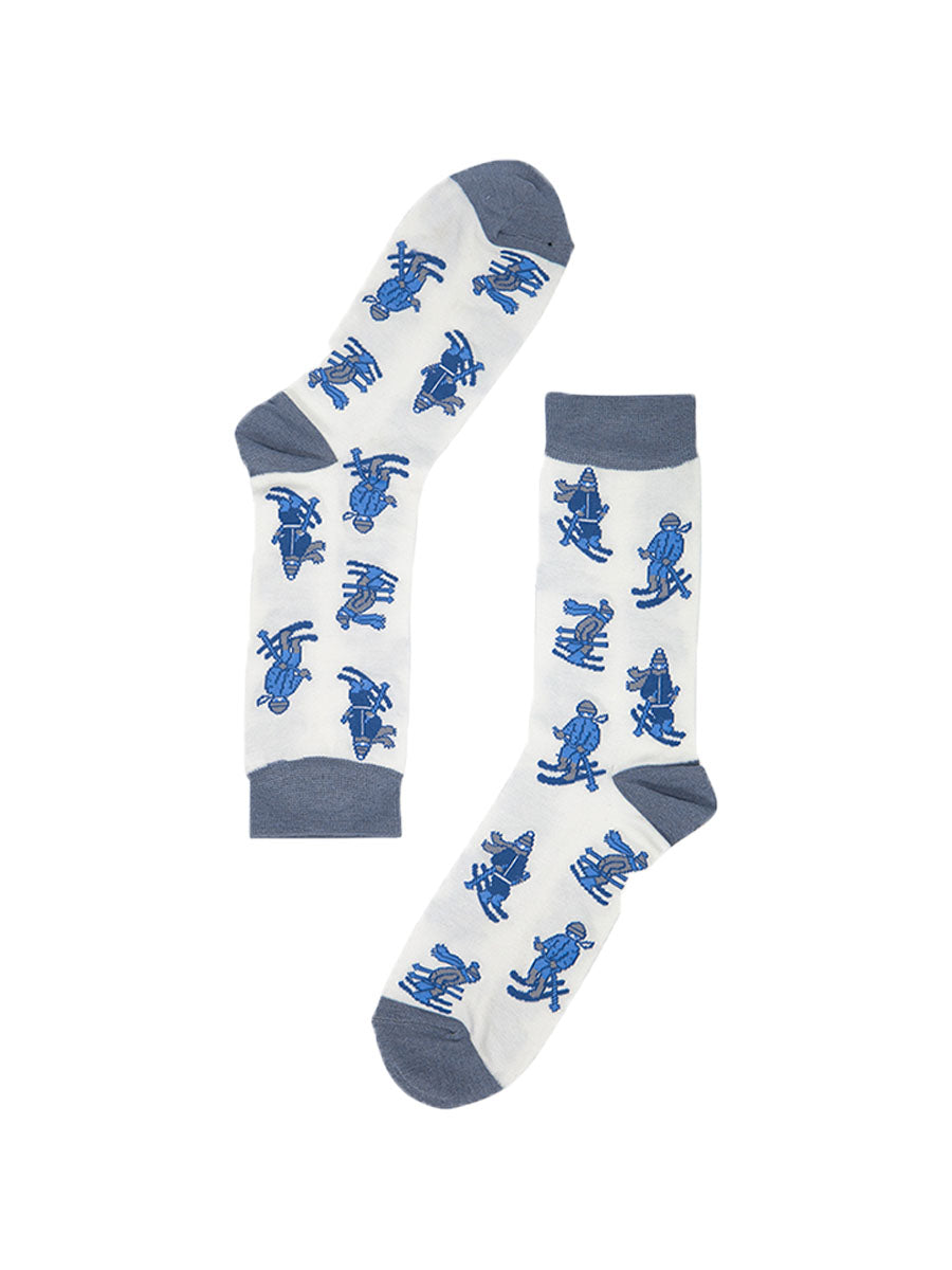 white bamboo socks with blue cartoon skiers