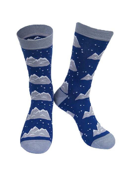 blue and grey bamboo dress socks with a snowy mountain and snowflake pattern design