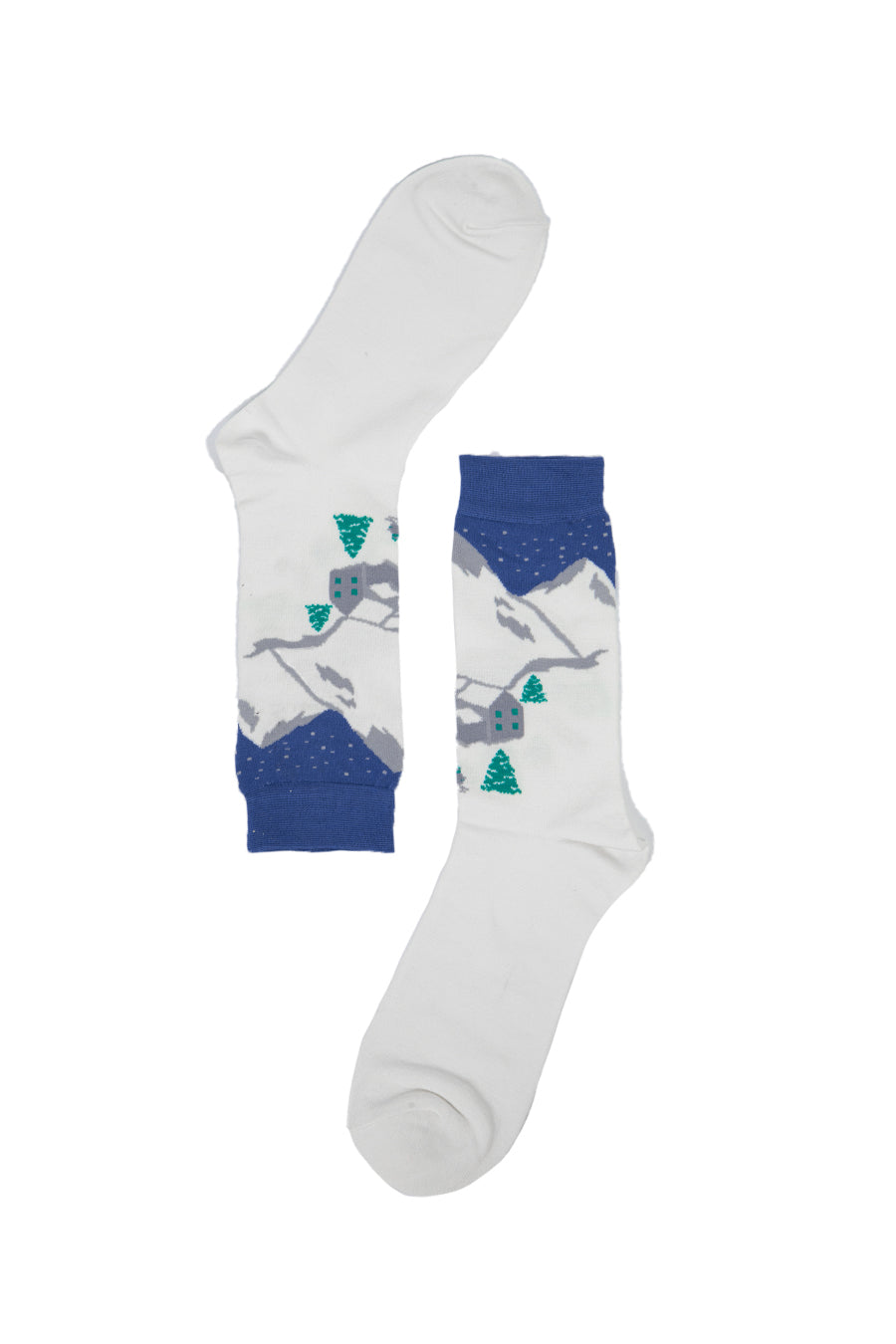 white and blue bamboo dress socks with a snowy mountain ski hill