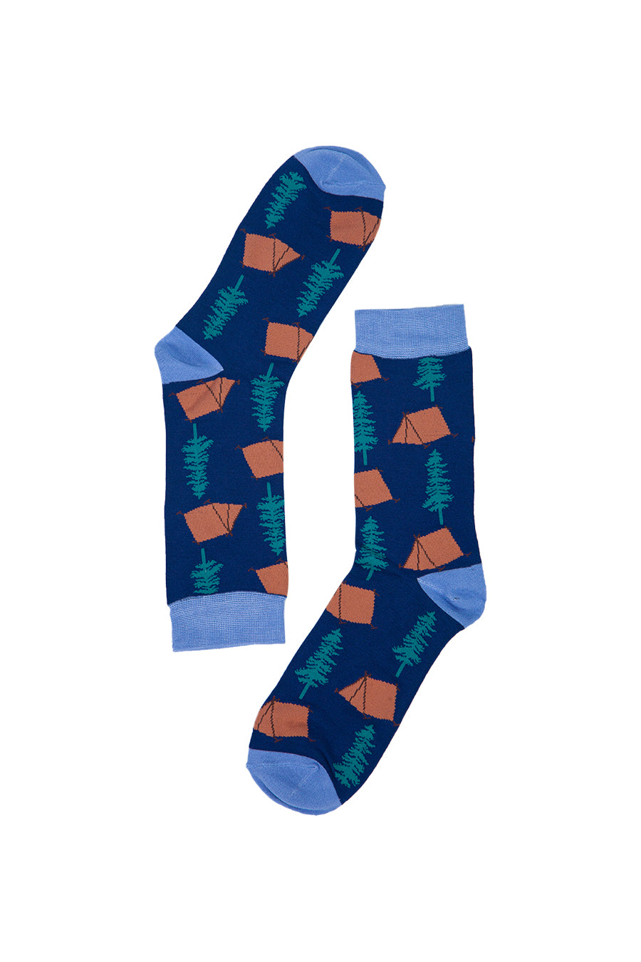 camping themed bamboo socks with tents, trees, and campfires