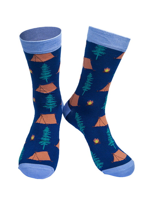 blue bamboo socks with a pattern of tents, campfires and tress all over
