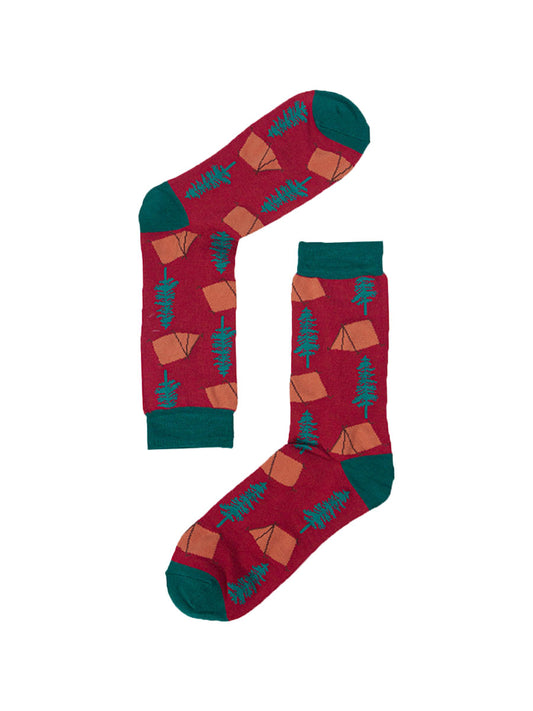 close up of the campsite pattern on the red socks