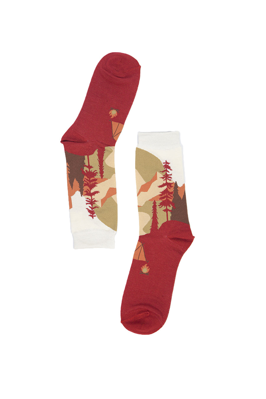 burnt orange bamboo socks with a tent and campfire scene