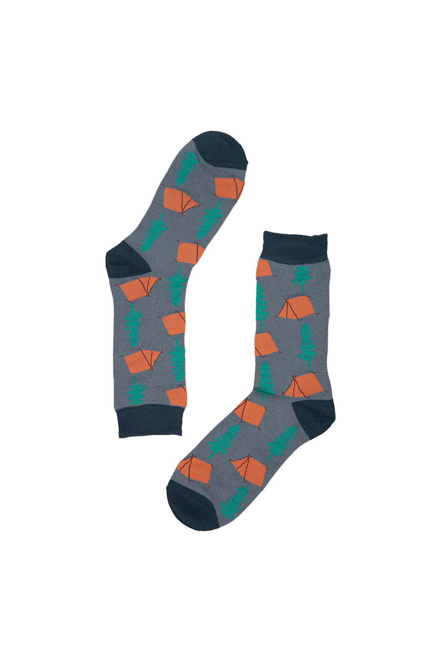 men's bamboo camping socks featuring tents, trees and campfires
