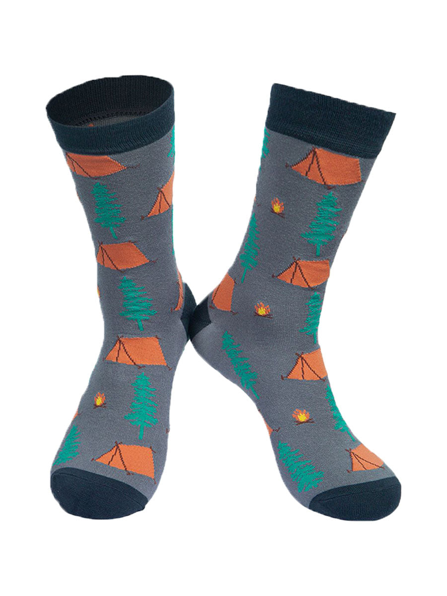 grey bamboo dress socks with a pattern of tents, trees and campfires