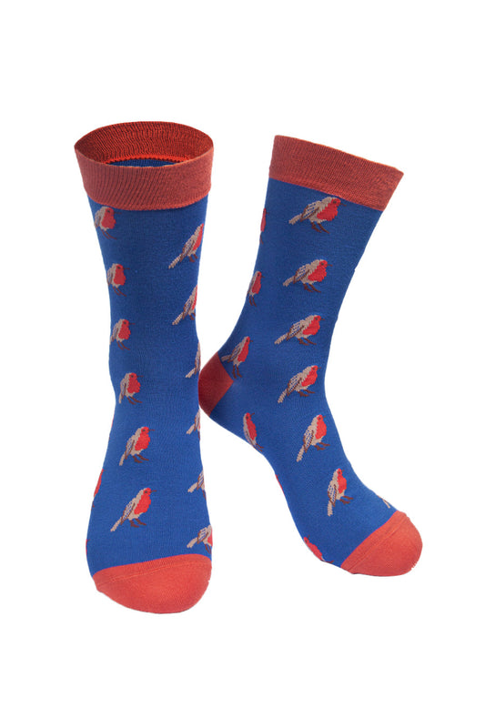 Mens Bamboo Socks Red Robin Bird Socks Christmas Novelty Blue