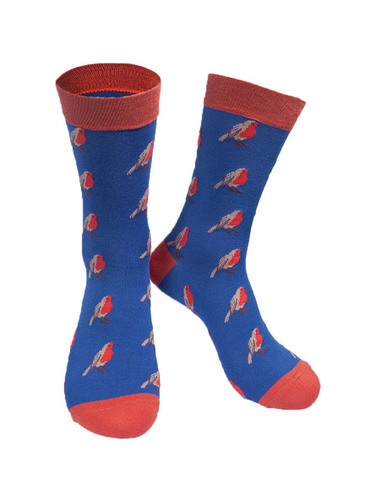 Robin Bird Bamboo Socks in Blue