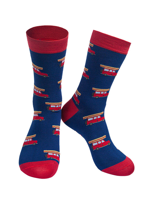navy blue socks with a red cuff, heel and toe with a pattern of red utility vans carrying ladders on their roof