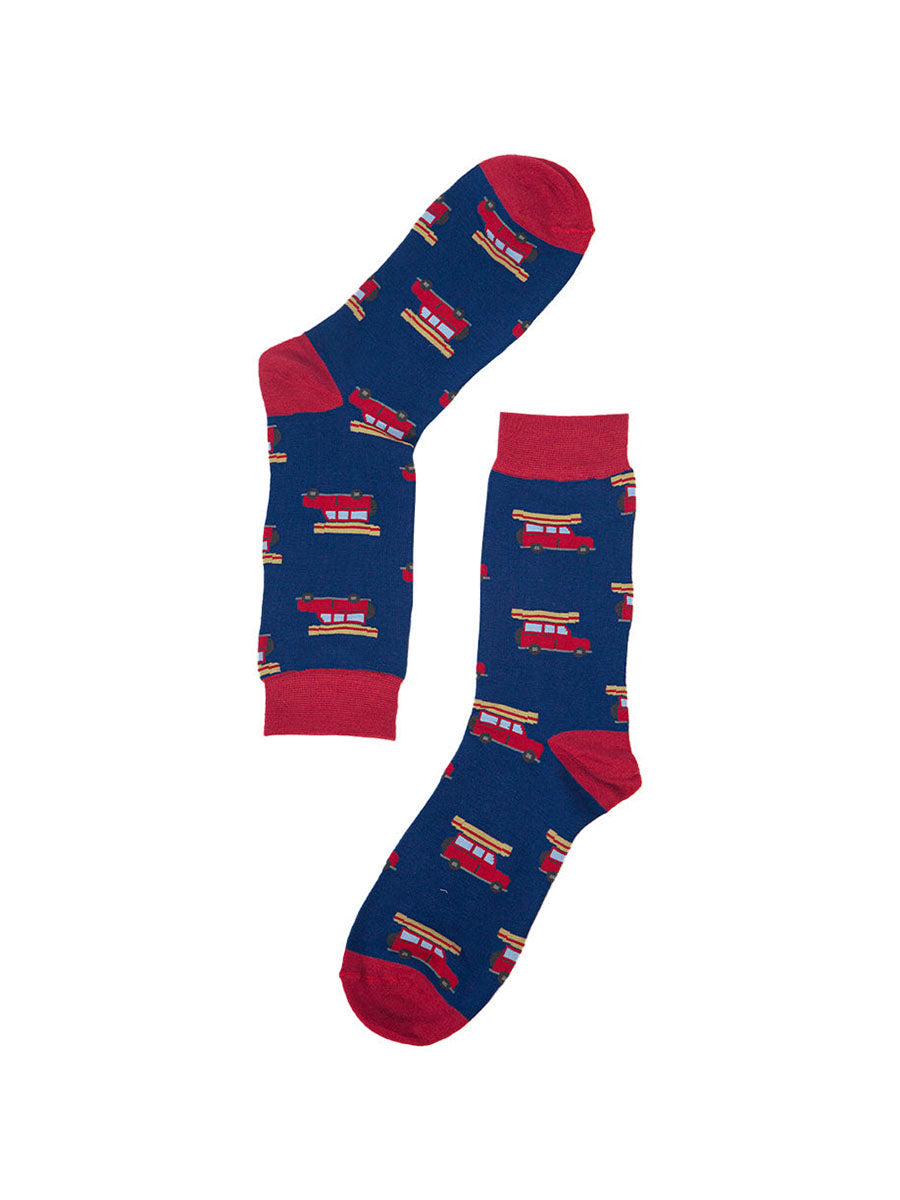 blue and red socks with a pattern of red vans all over