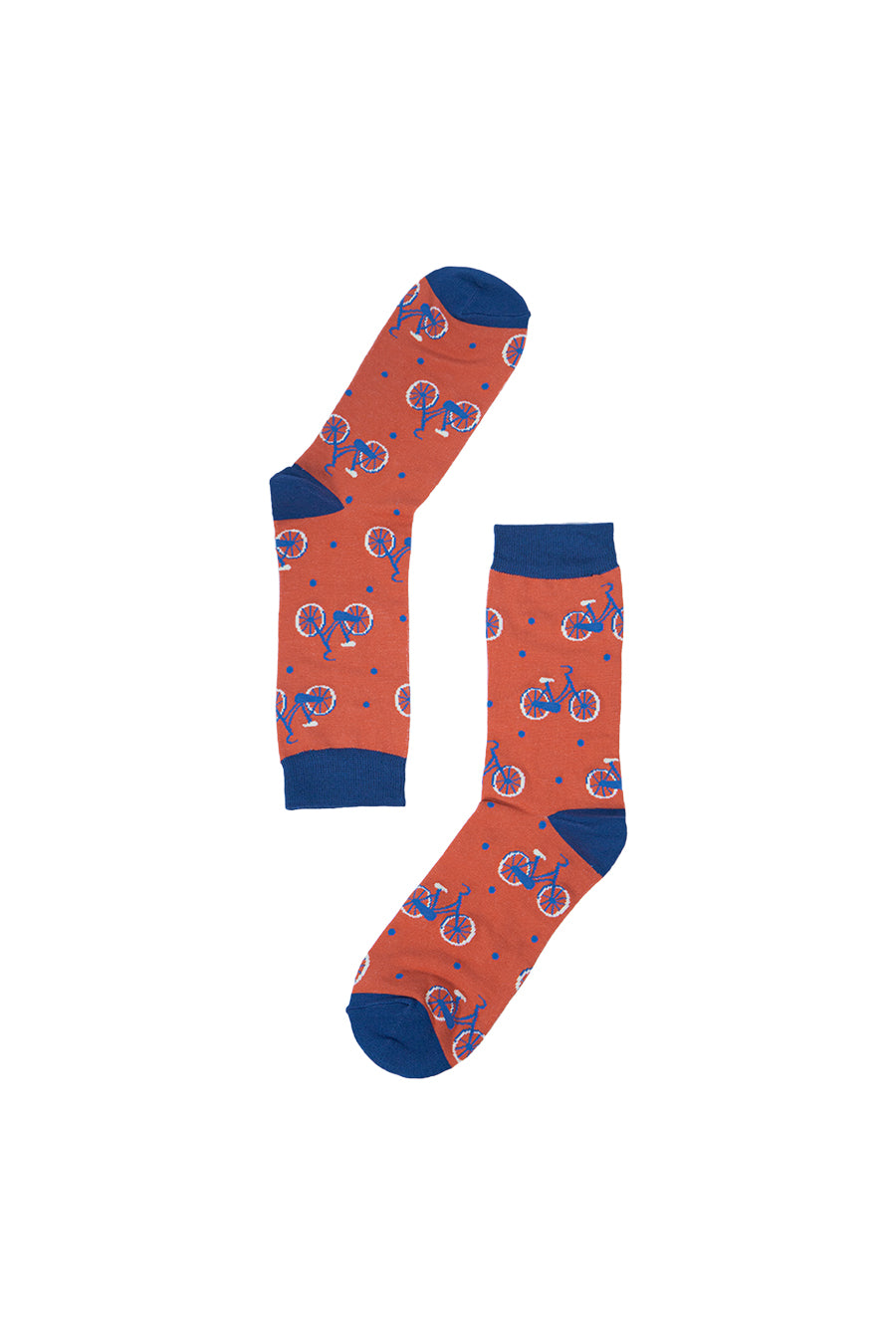 orange and blue dress socks with an all over bicylce print pattern