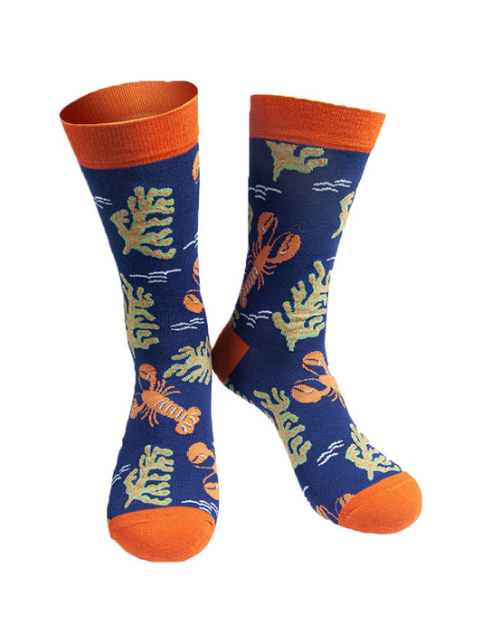 navy blue socks with a pattern of lobsters and ocean plant life