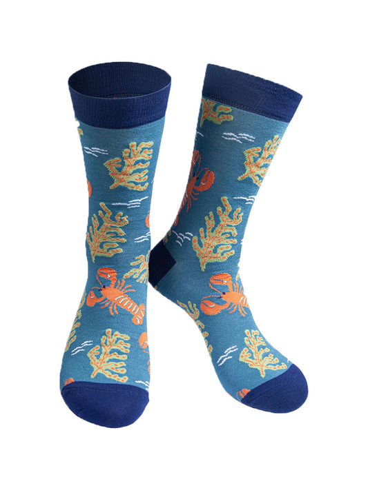 blue bamboo socks designed to look like an under water scene with lobsters and seaweed