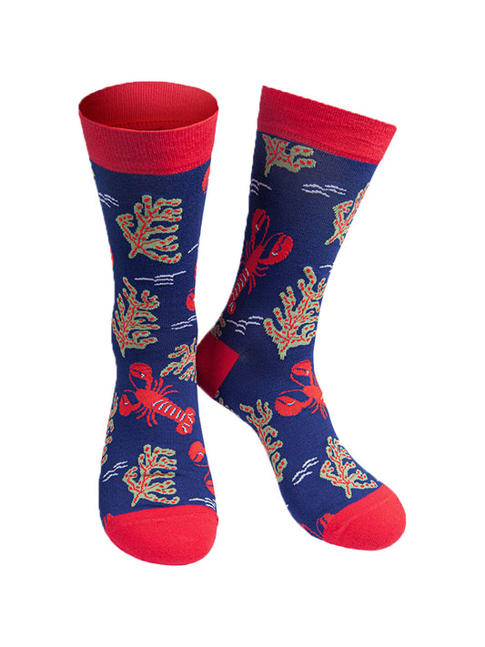 blue and red bamboo socks artistically designed to look like an underwater scene, with red lobsters and seaweed