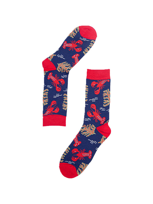 blue bamboo socks with red lobsters and marine plants