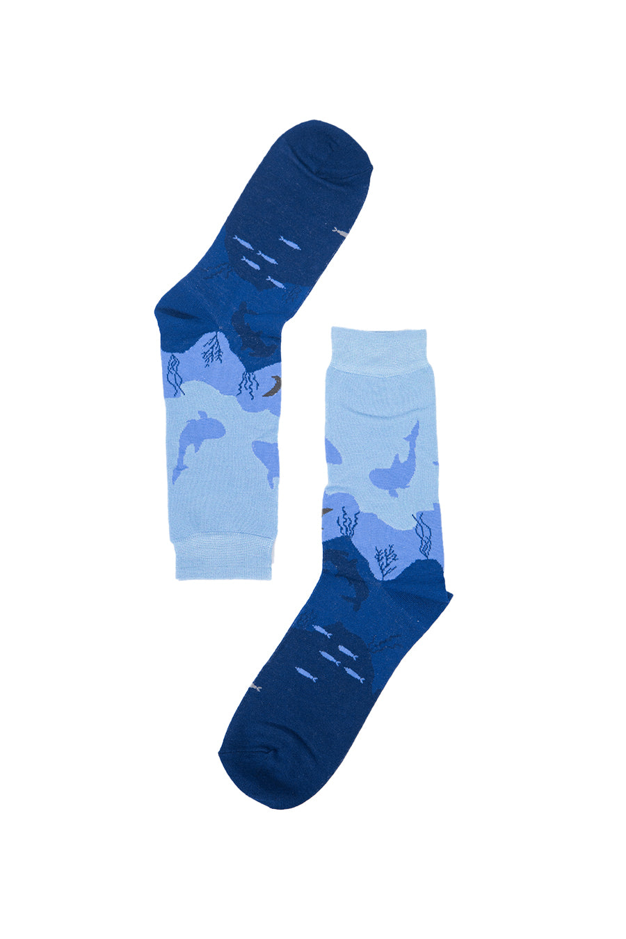 blue dress socks with fish, marine life and sharks