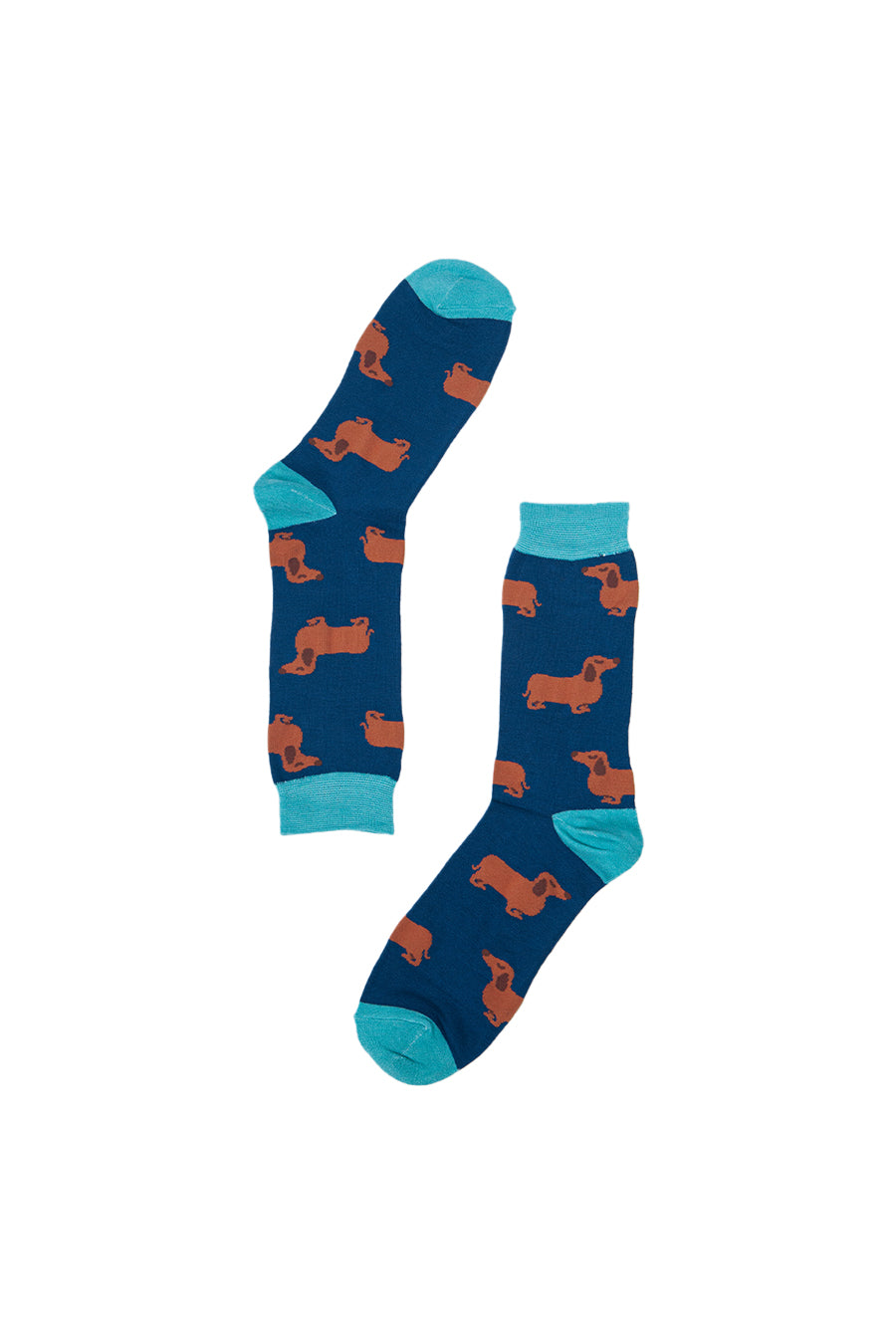 blue bamboo socks with sausage dogs on them