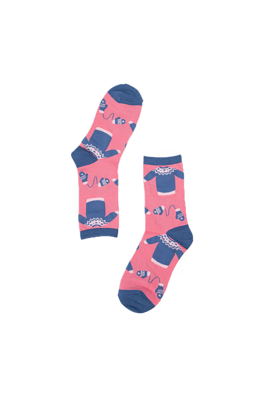 pink and blue ankle socks with Christmas sweaters and winter gloves on them