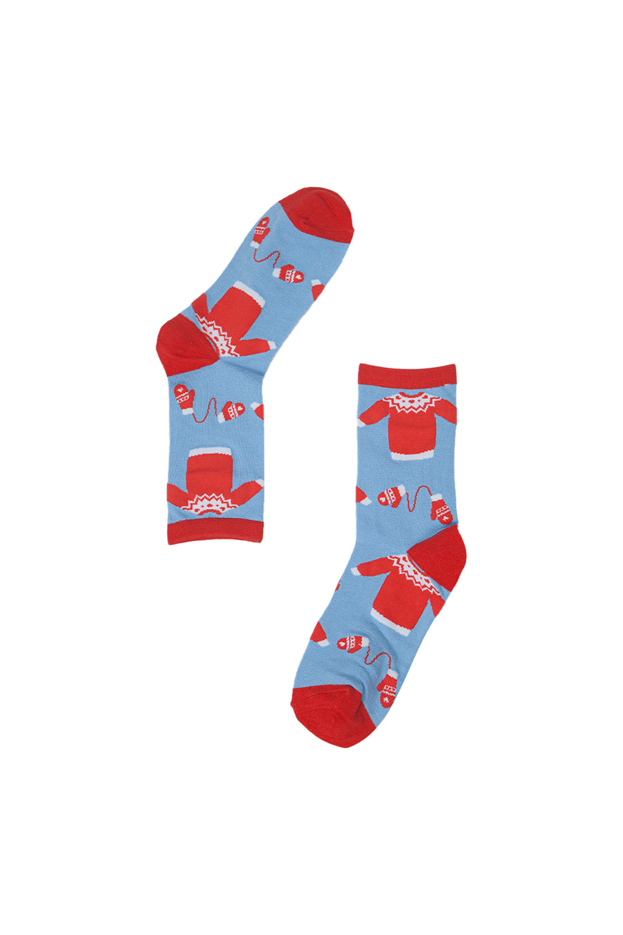 blue bamboo socks featuring red and white Christmas Sweaters