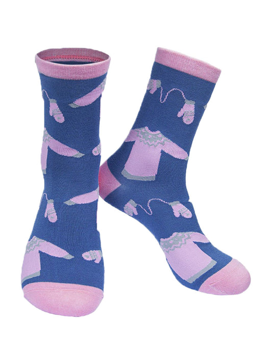 blue and pink bamboo ankle socks with a winter sweater and hat pattern