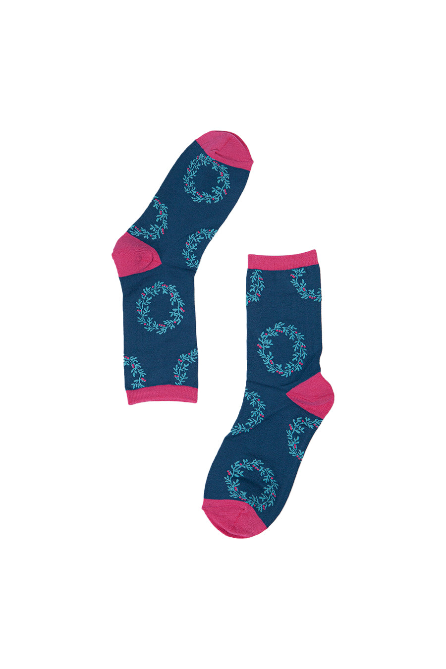 blue, pink floral xmas wreath pattern socks