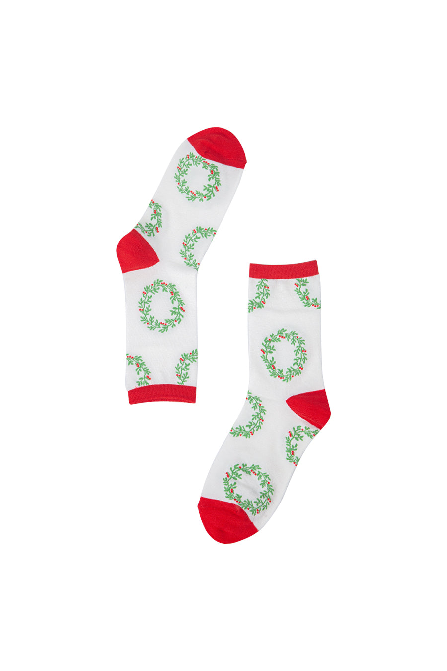 white, red, green ankle socks with an xmas floral wreath pattern