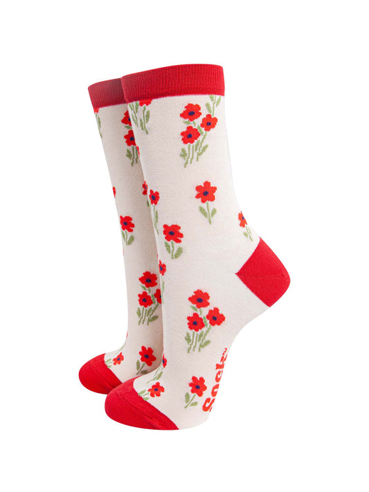 cream, red bamboo ankle socks with a ditsy floral pattern