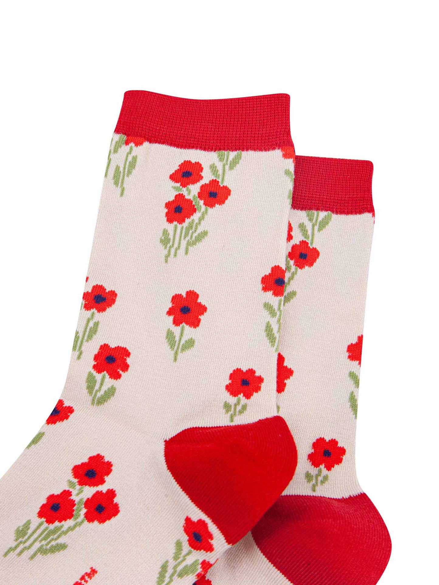 cream socks with a ditsy red wildflower print