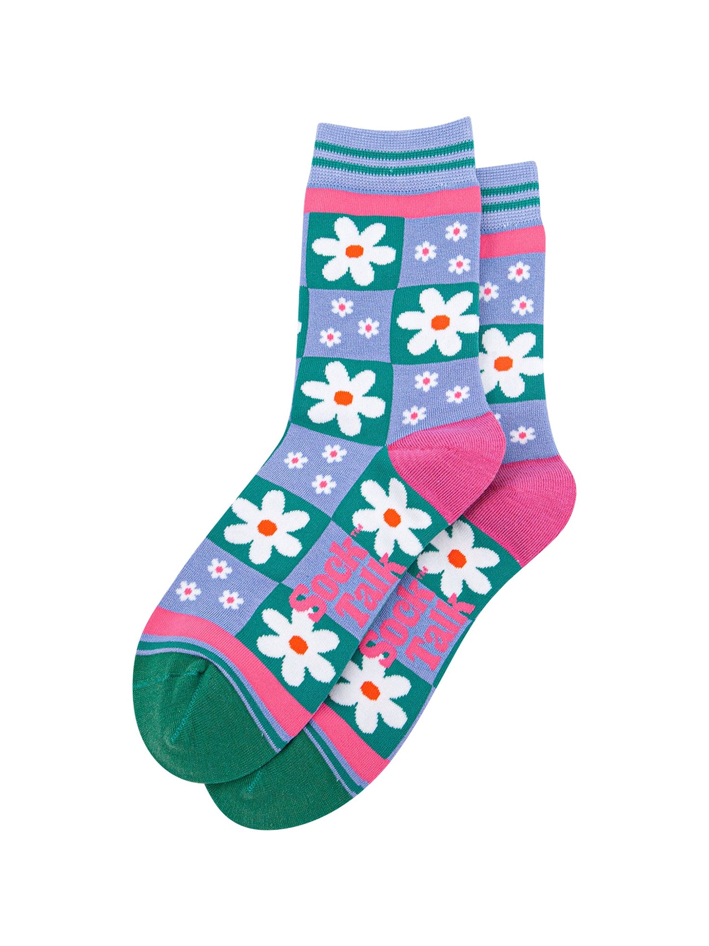 Flower-Checkerboard-Bamboo-Socks-in-Blue-Lying-Flat