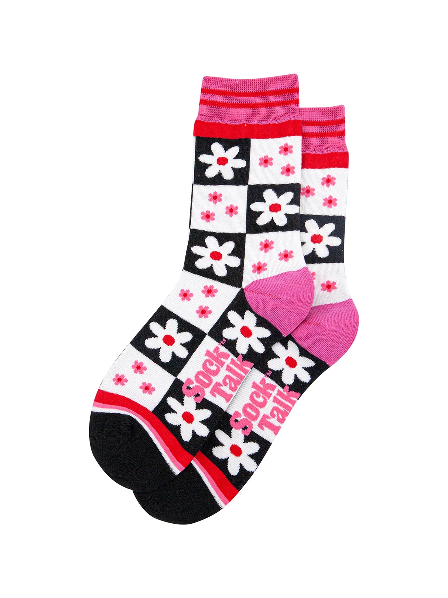 Flower-Checkerboard-Bamboo-Socks-in-Black/White-Lying-Flat