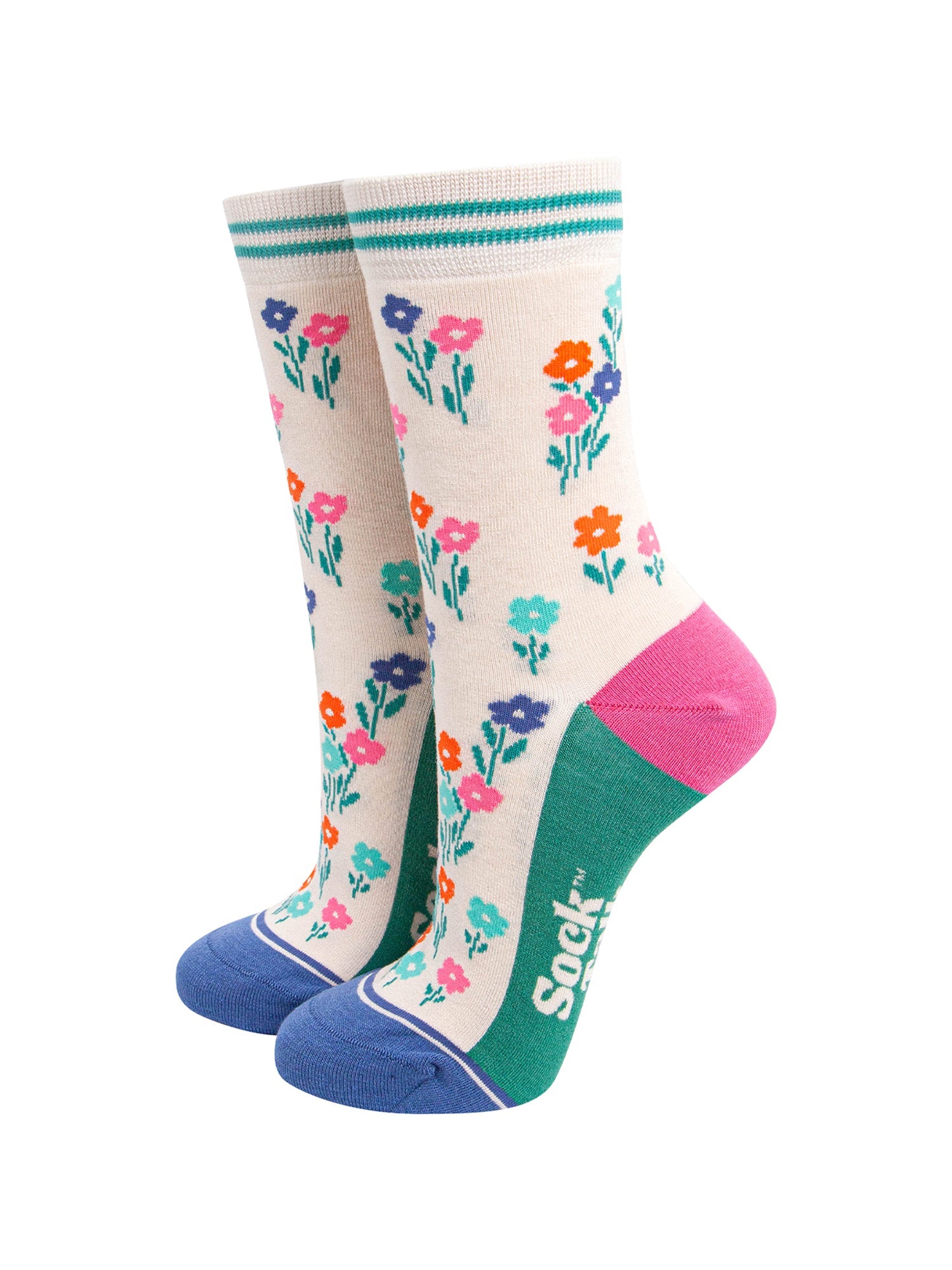 Wildflowers-Bamboo-Socks-in-Cream-On-Foot-Mannequin