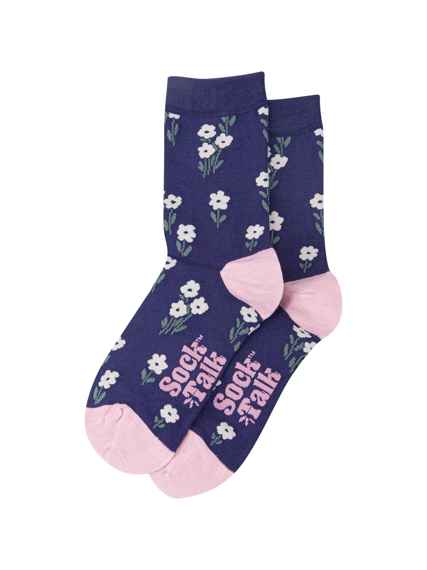 womens-bamboo-socks-navy-blue-dusty-pink-ditsy-floral-laying-flat