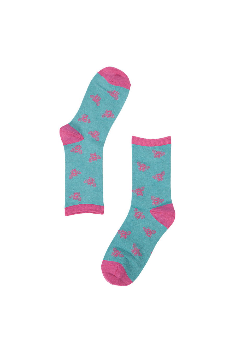 teal ankle socks with pink bees on them
