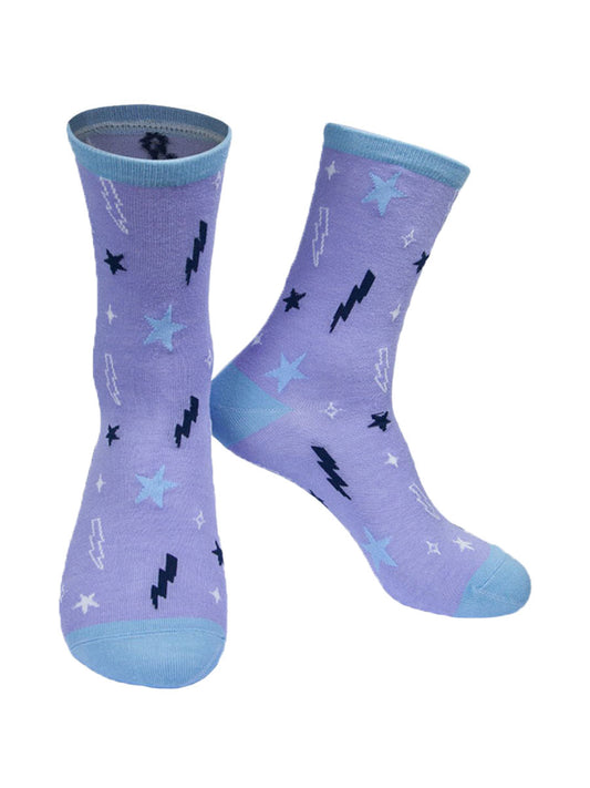 lilac ankle socks with an all over lightning bolt and star pattern