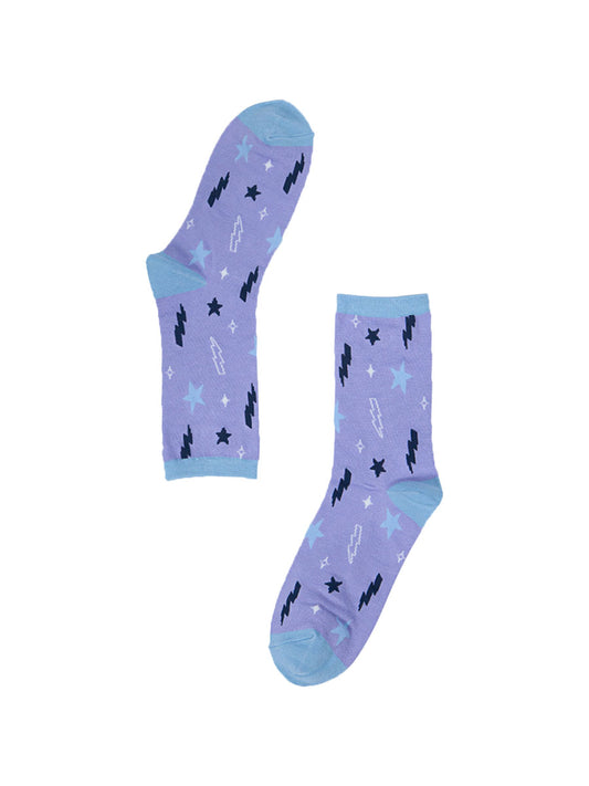 lilac ankle socks with thunderbolts and stars