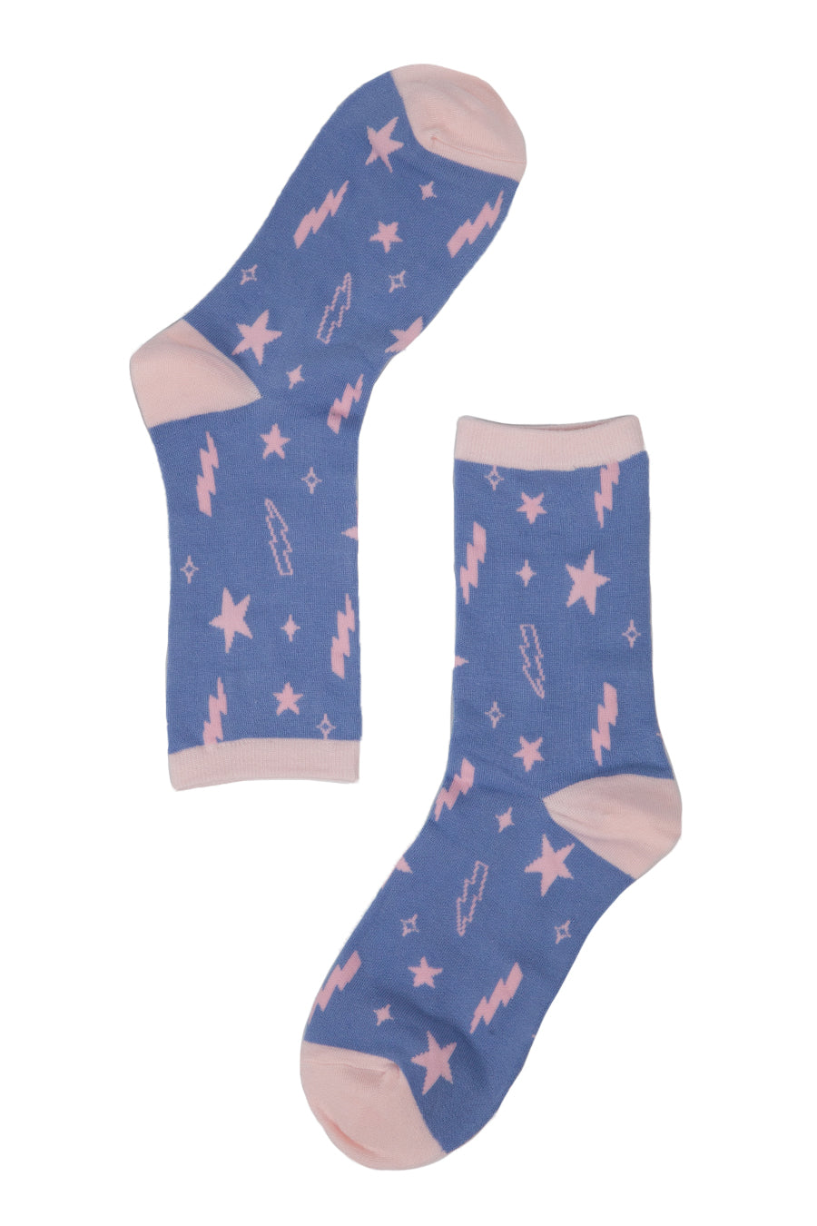 lilac, pink bamboo socks with scattered stars and thunder bolts