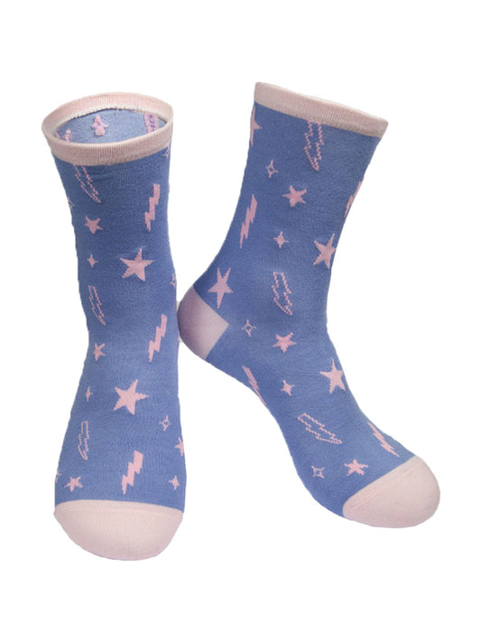 lilac, pink ankle socks with lightning bolts and stars