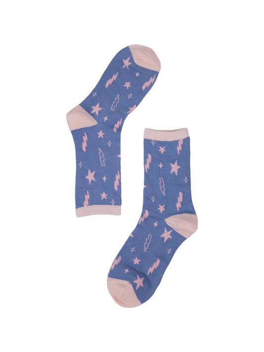 lilac, pink bamboo socks with scattered stars and thunder bolts