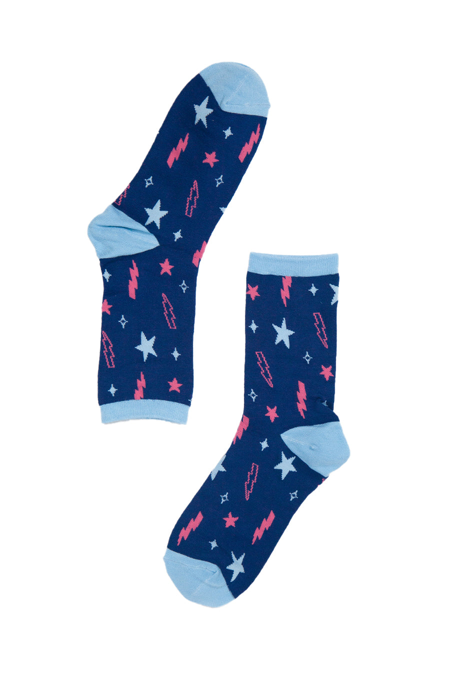 navy blue bamboo socks with an all over star and thunder bolt print