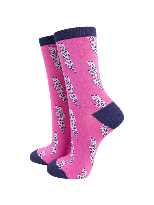 pink bamboo socks with navy blue leoaprd print lightning bolts