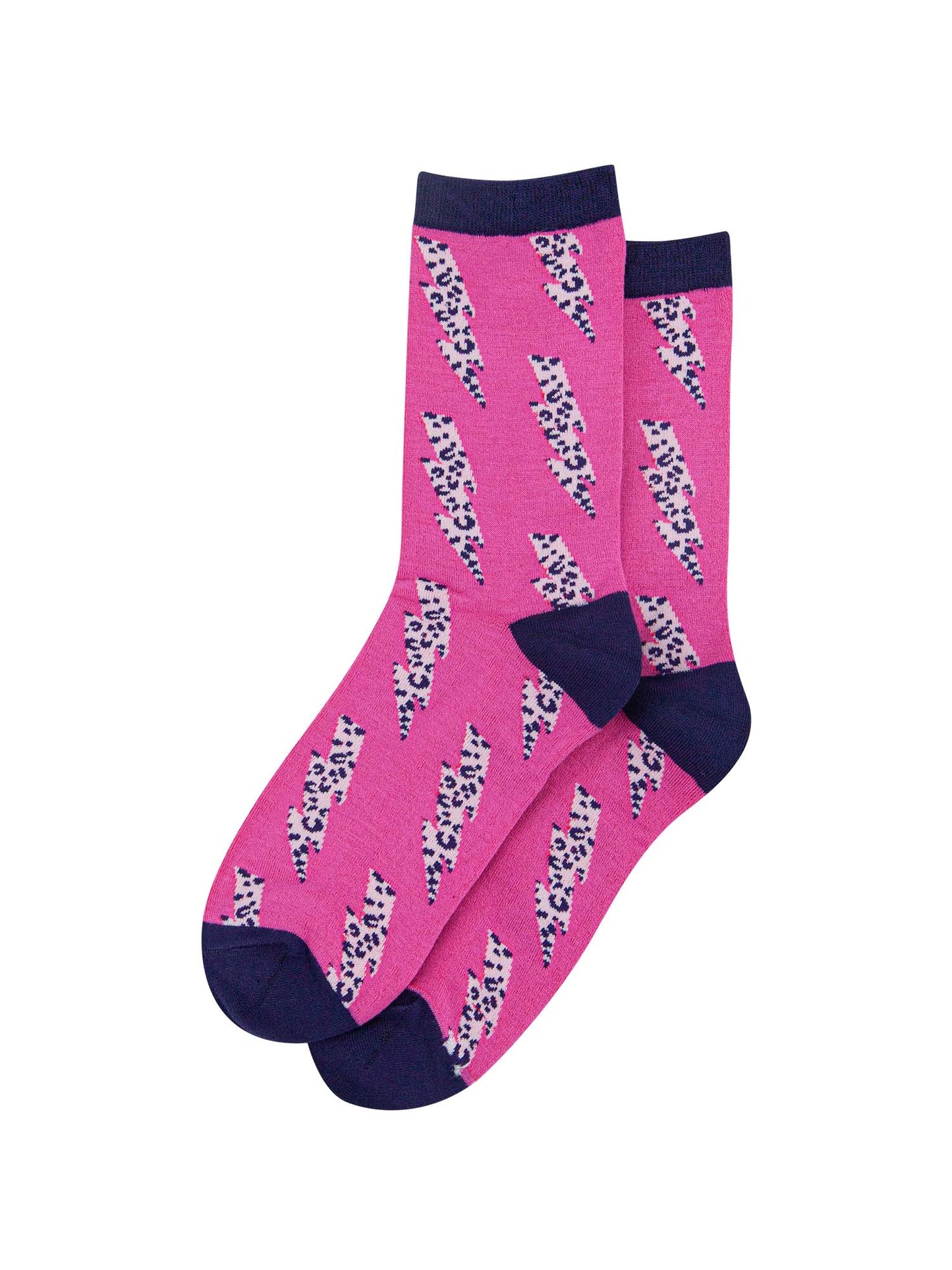 pink socks with navy blue leopard print thunder bolts