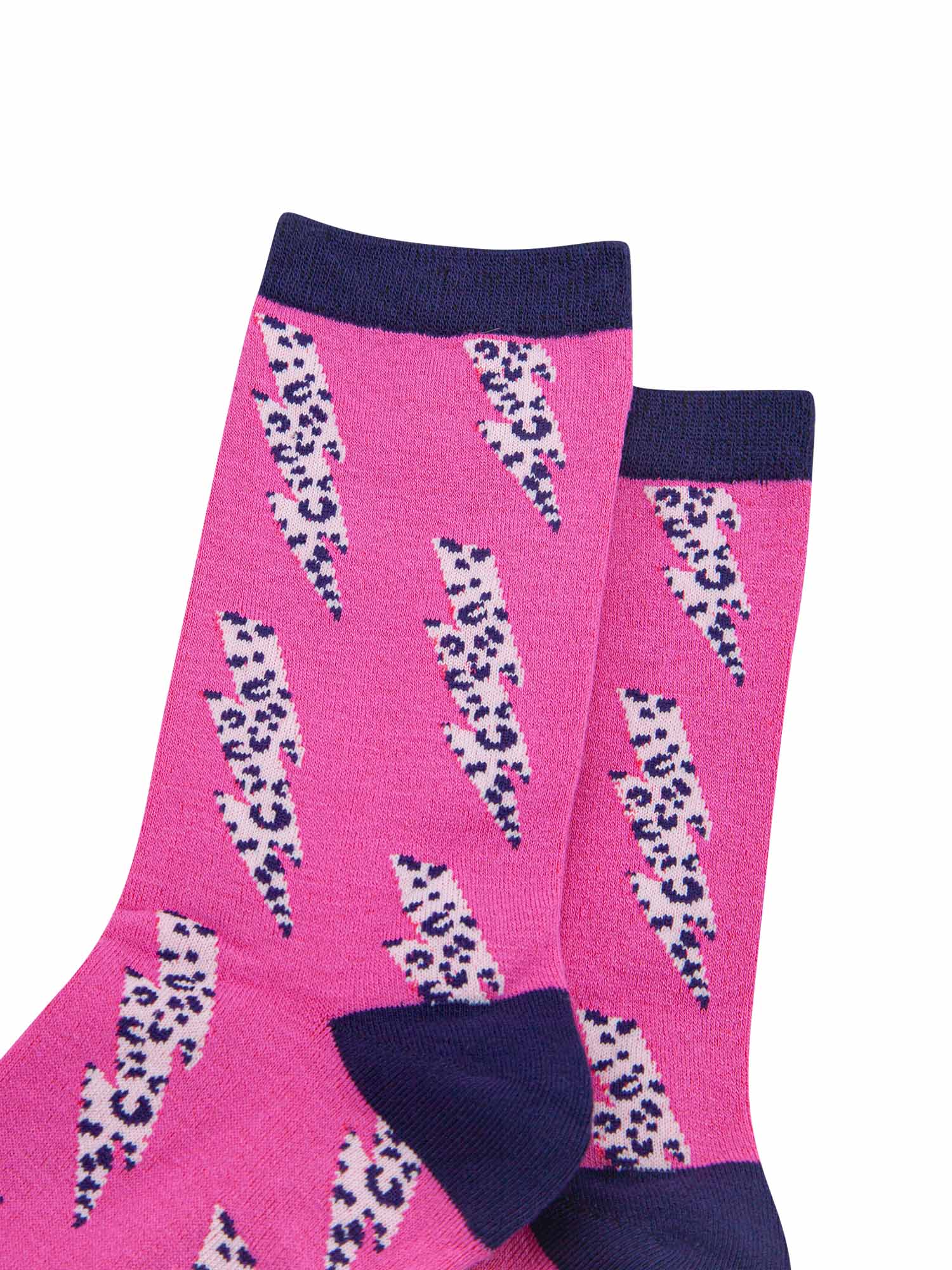 pink socks with navy blue leopard print thunder bolts