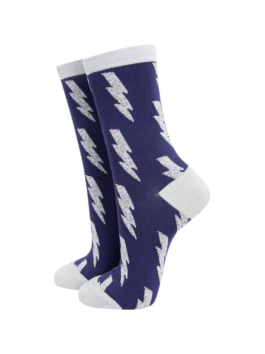 navy blue, grey ankle socks with a leopard print lighting bolt pattern