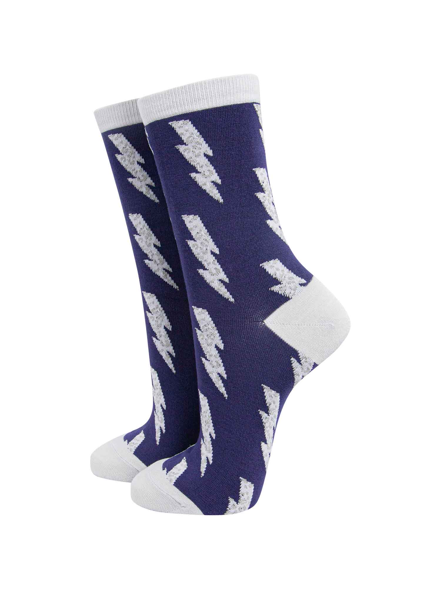 navy blue, grey ankle socks with a leopard print lighting bolt pattern