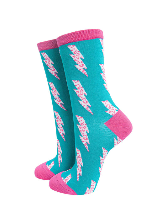 blue and pink ankle socks with a pink leopard print lightning bolt pattern