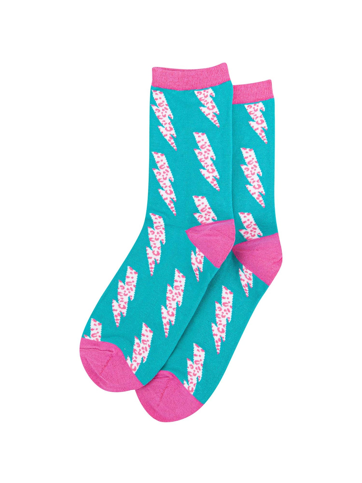 blue ankle socks with a pink leopard print thunder bolt pattern