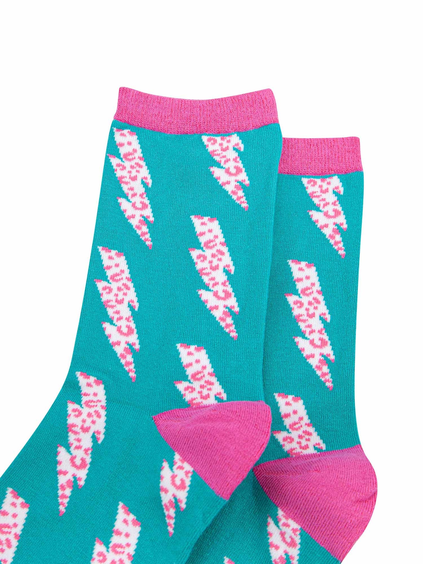 blue ankle socks with a pink leopard print thunder bolt pattern
