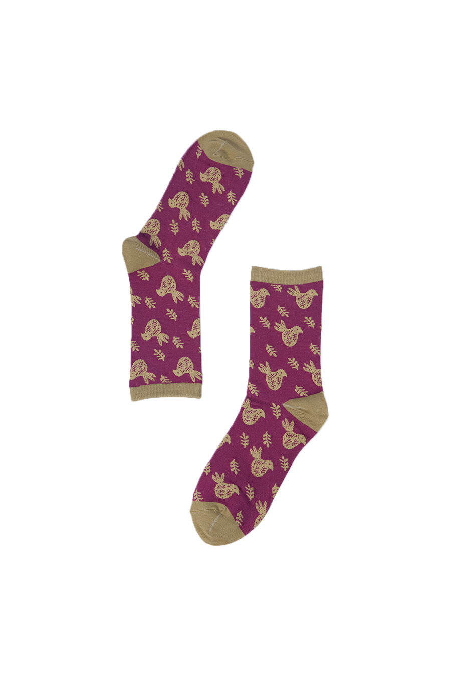 pink bamboo socks with a pattern of mustard yellow scandi birds